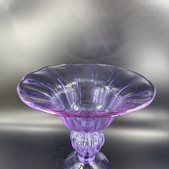 Large Hand Blown Pedestal Bright Purple Lilac Glass Bowl Footed Vase Vintage - Picture 12 of 16